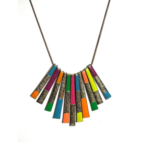 Colorful Geometric Statement Necklace With Gold-Toned Textured Metal Bars & Mult - Picture 1 of 10